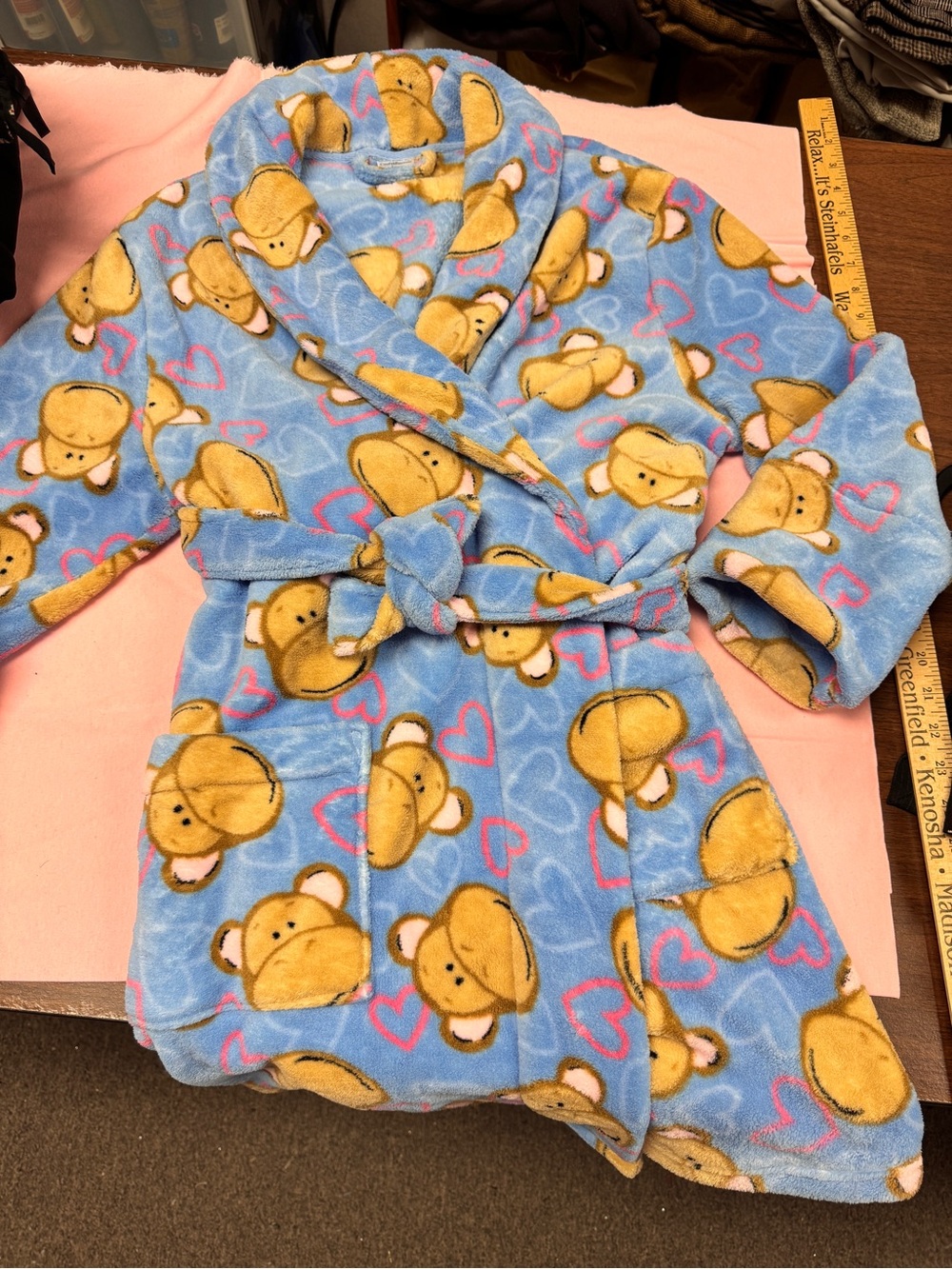 croft & barrow Blue Plush Kids Robe with Yellow Monkey and Pink Hearts